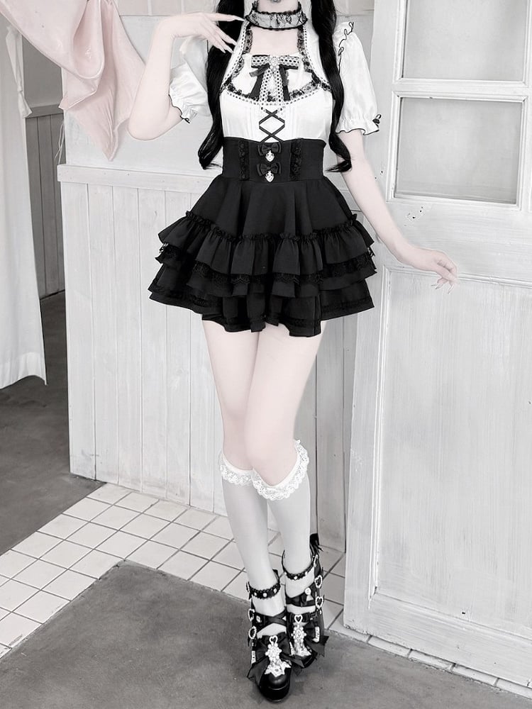 Monochrome Ruffle Sleeve Blouse with Lace, Bow and Choker Accents - GingaU