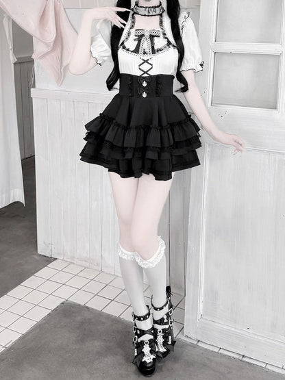 Monochrome Ruffle Sleeve Blouse with Lace, Bow and Choker Accents - GingaU