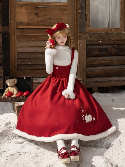 + Plush Scarf Bow Lolita KC Under Red Christmas Embroidered Bust Apple-Themed Brooch JSK