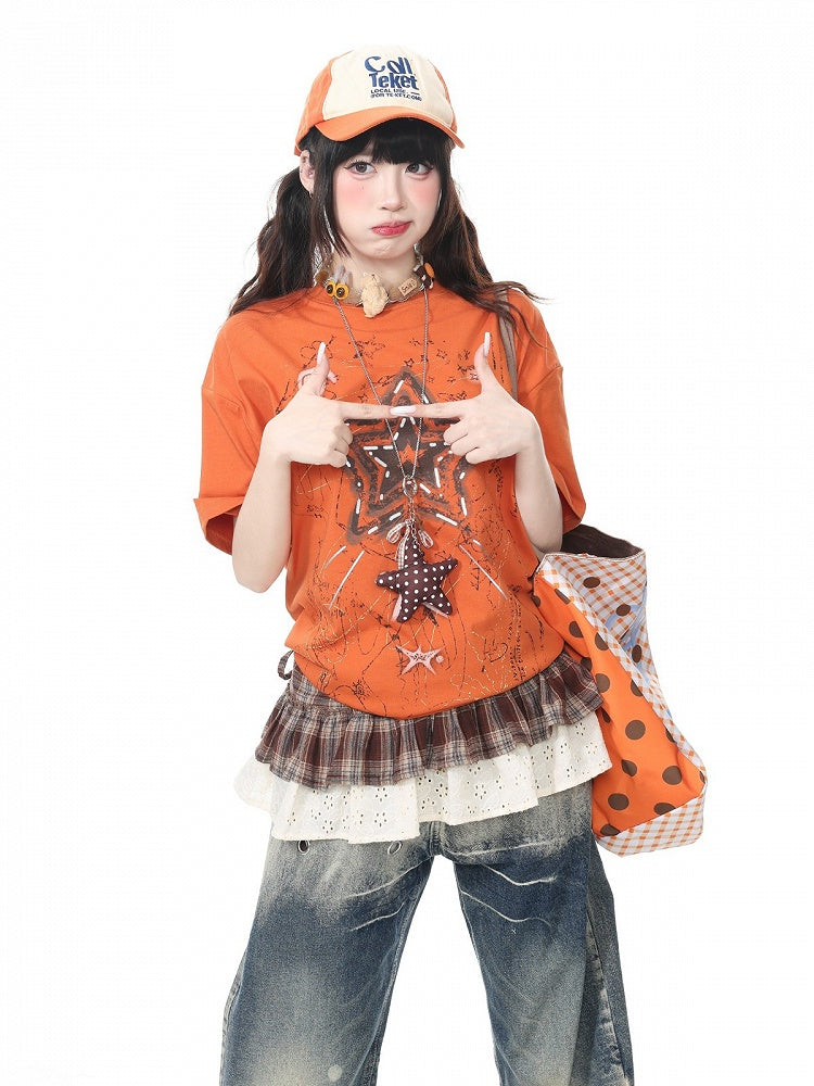 Orange Vintage Crew Neck Tee with Star Print - Languid Park