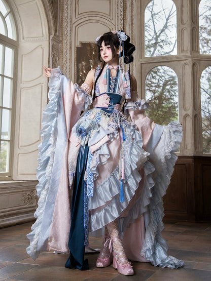 Porcelain Theme Asymmetrical Flounce Hem Lolita Dress Set with Detachable Sleeves - Your Highness