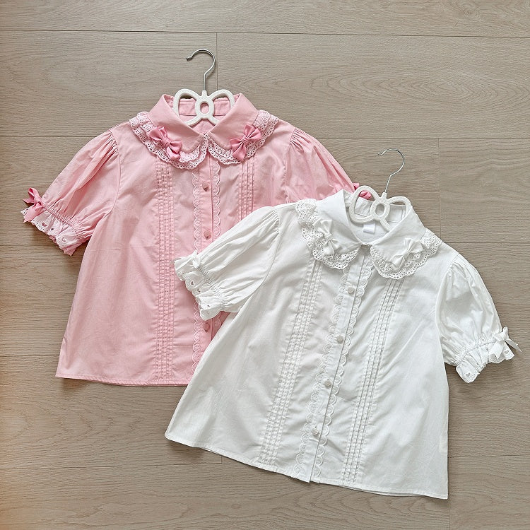 Blouse / Short Pink Sleeves Puff Bows Lolita Decorated White