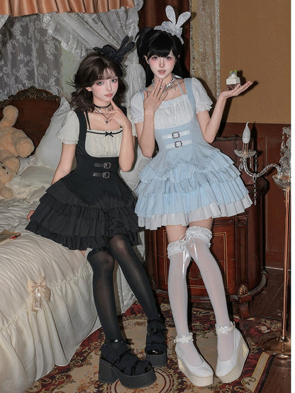 Blue & White Striped OP Dress Set with Necklace and Rabbit Hat - With PUJI