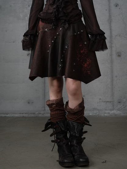 Asymmetrischer Rock Punk Rot mit Stickerei Ödland Saum Braun Blumen Wildleder