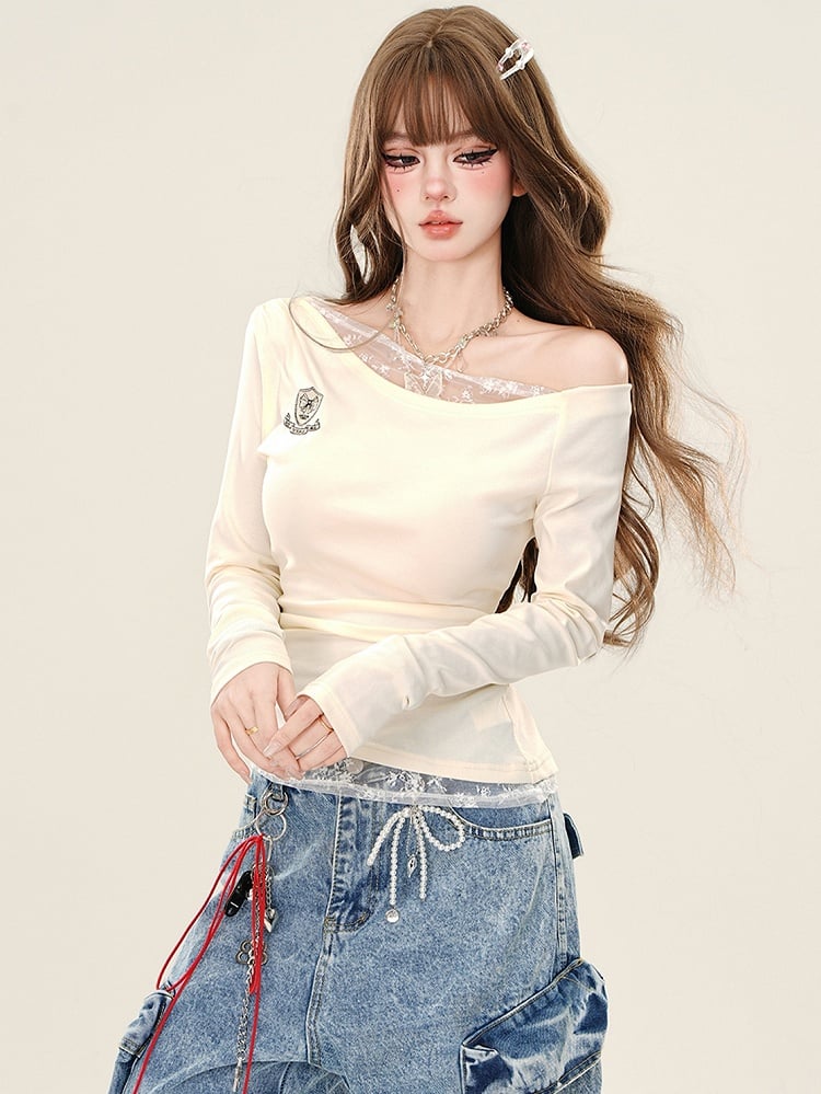 Aprikose/königsblaues, schmal geschnittenes Oberteil mit Spitzenakzenten und asymmetrischem Ausschnitt