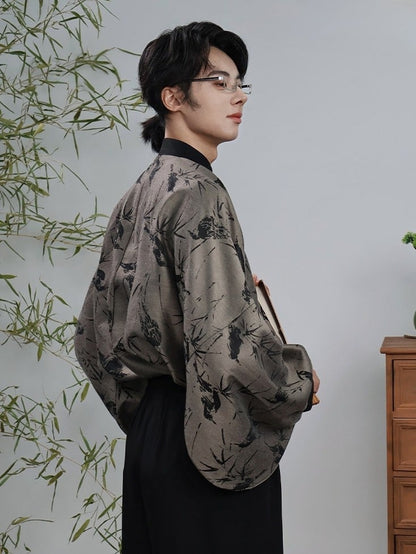 Banded Unisex with Blouse Sleeves Bamboo Pipa Grey Print Style Chinese Collar -