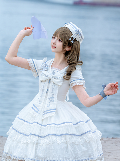 Ivory and Azure Lace Sailor Hat with Bows and Tassels - Honey Machine