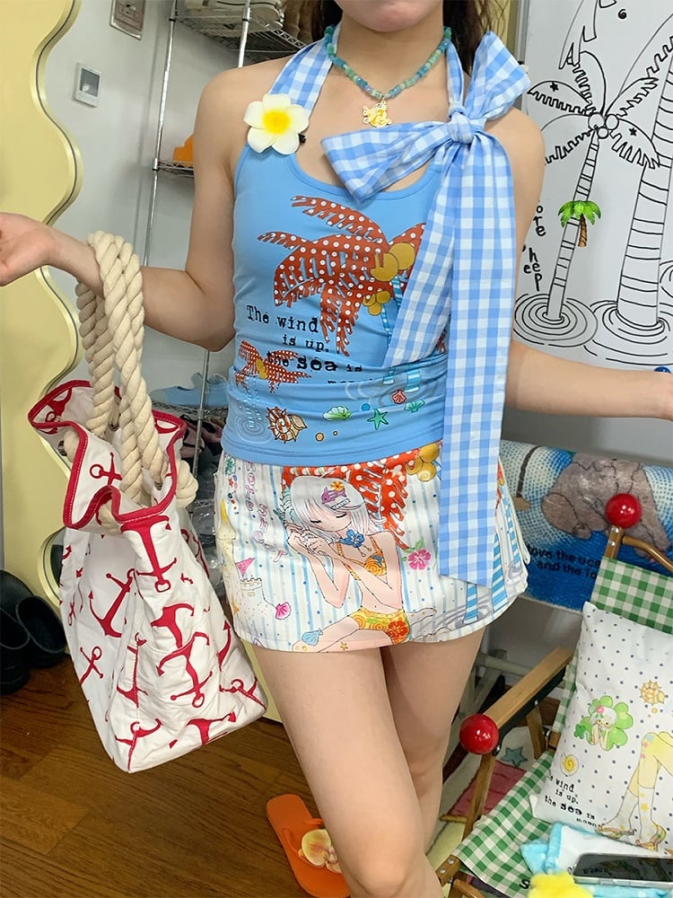 Palm with Self-tie Print Halter Blue Top Red