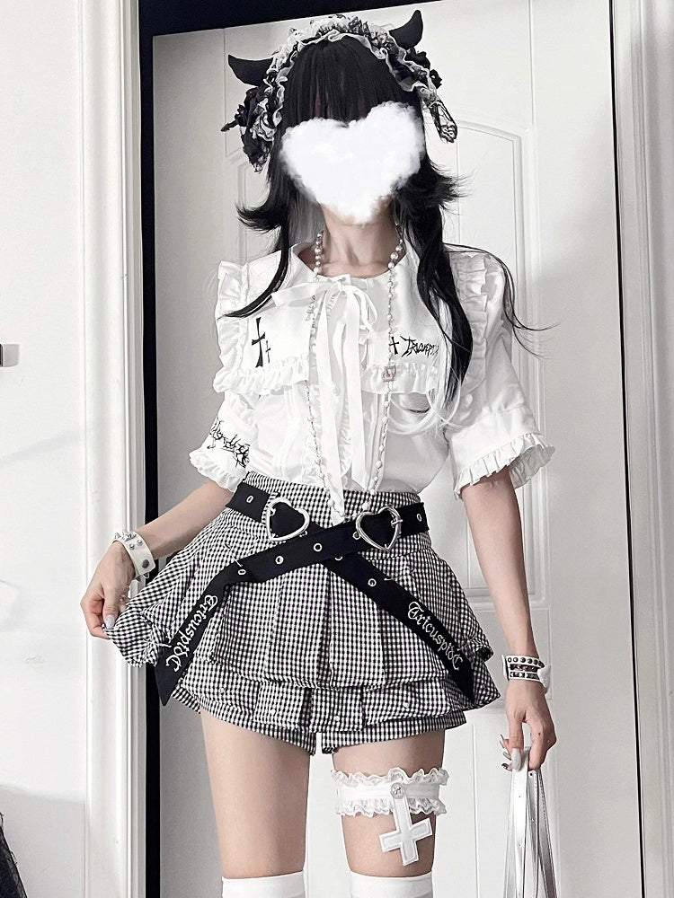 Front with Trimmed Short Tie Gothic Ruffle Bow Sleeve Eyelet Top Lacing White Metal Back