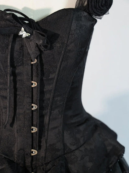 Lolita Corset Accents with Top Jacquard Rose Shoulder Black