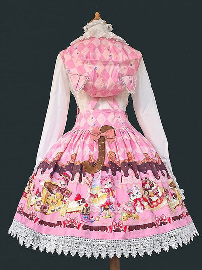 Hood Pattern Diamond Dress Dessert and Lolita Cat Sweet Pink Overall Print with Ear