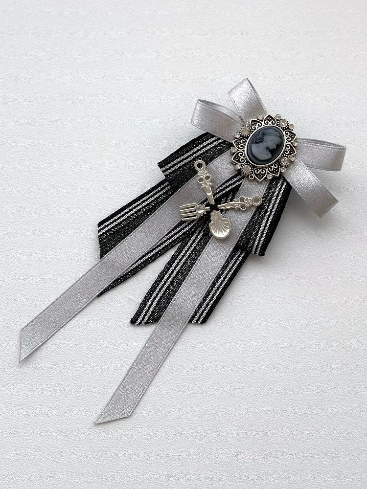 Gray Bow Cutlery Accent Lolita Brooch with Two Options - Vivian's Diary