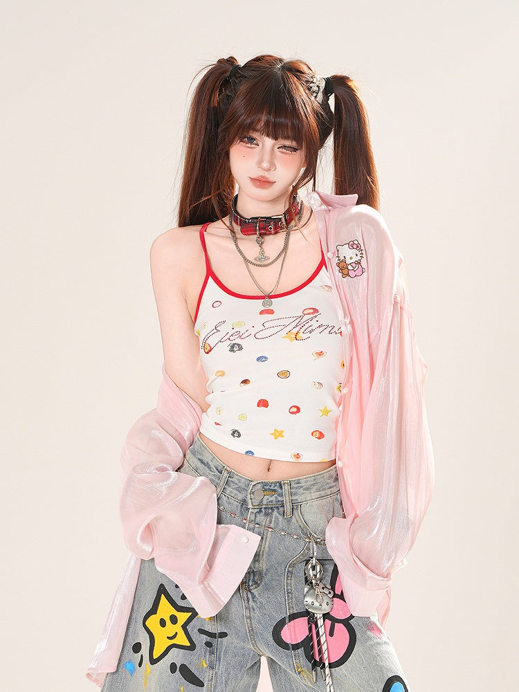 ハートピンク/アプリコットサンプロテクションシャツ フリルバックリボンディテール