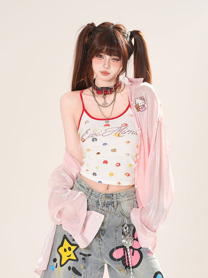 ハートピンク/アプリコットサンプロテクションシャツ フリルバックリボンディテール