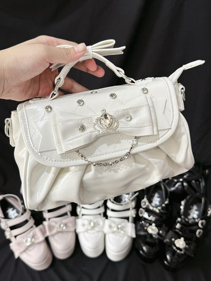 Hand/Crossbody Kei Rhinestone Detachable White Accent Bag Crown-Embellished Strap Bow in Jirai
