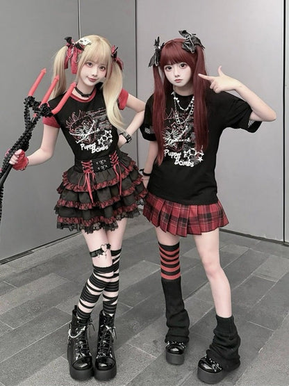 Black & Red Strawberry Chain Print Fitted Short Sleeve T-Shirt - Puppet Bombs