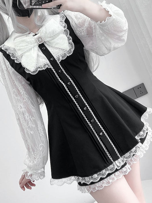 Jirai Dress Kei Waisted Mini with White Sleeves Lace Black