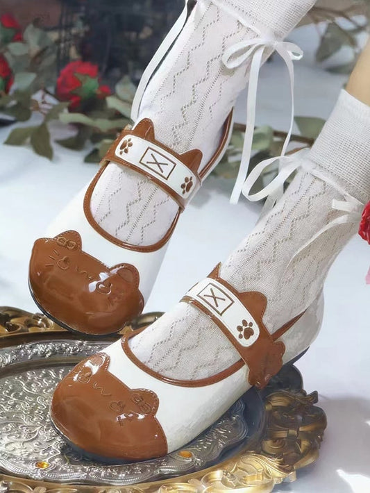 Kitten Cat Sweet Embroidery Toe Ear Flat Mary Janes Paw Theme PU with - Lolita Velcro Round Brown