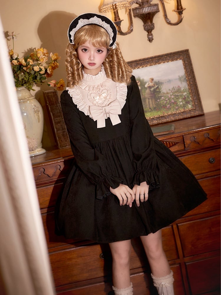 Beige Ruffle Neckline Black High-Waisted Long Balloon Sleeves Lolita Dress Short Version
