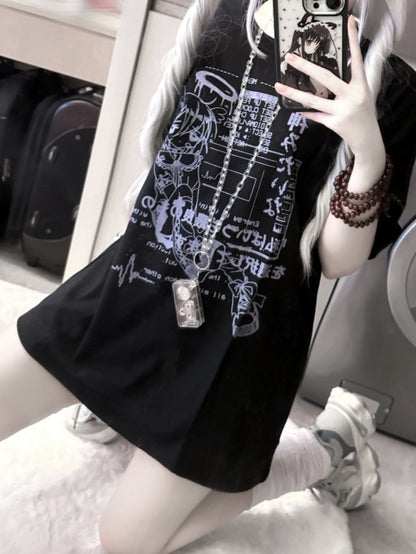 Jirai Schwarz/Weiß Rundhals Cyberpunk T-Shirt Print Kei Angel Baumwolle