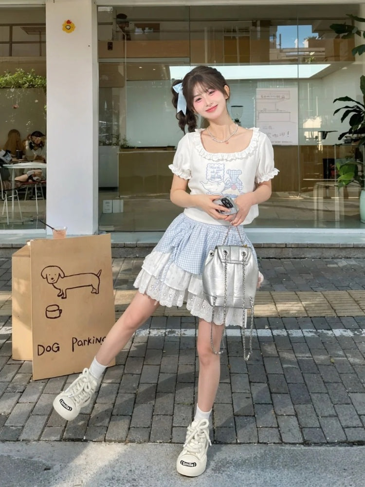 Bear Pattern Square Neck Puff Sleeves White T-Shirt Lace Trim Ruffled Plaid