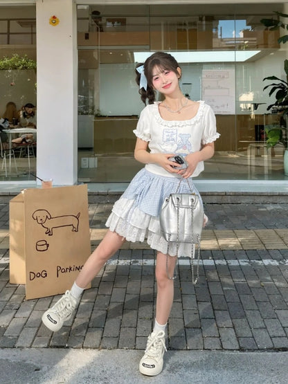 Bear Pattern Square Neck Puff Sleeves White T-Shirt Lace Trim Ruffled Plaid