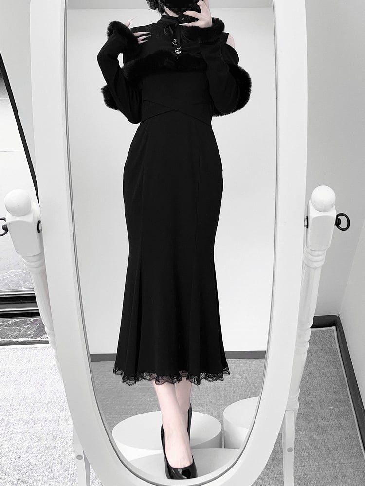 Kei Style Trim Innocent with Pink/Black Shoulder Fuzzy in Mermaid Dress: Jirai Knit Open Elegant