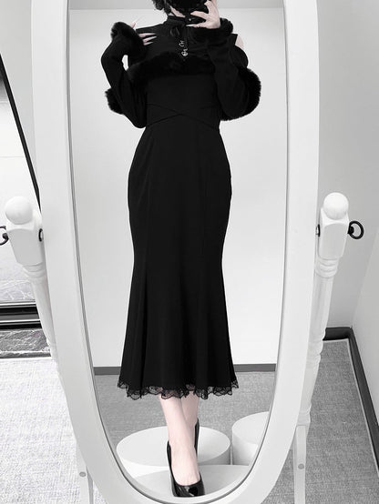 Kei Style Trim Innocent with Pink/Black Shoulder Fuzzy in Mermaid Dress: Jirai Knit Open Elegant