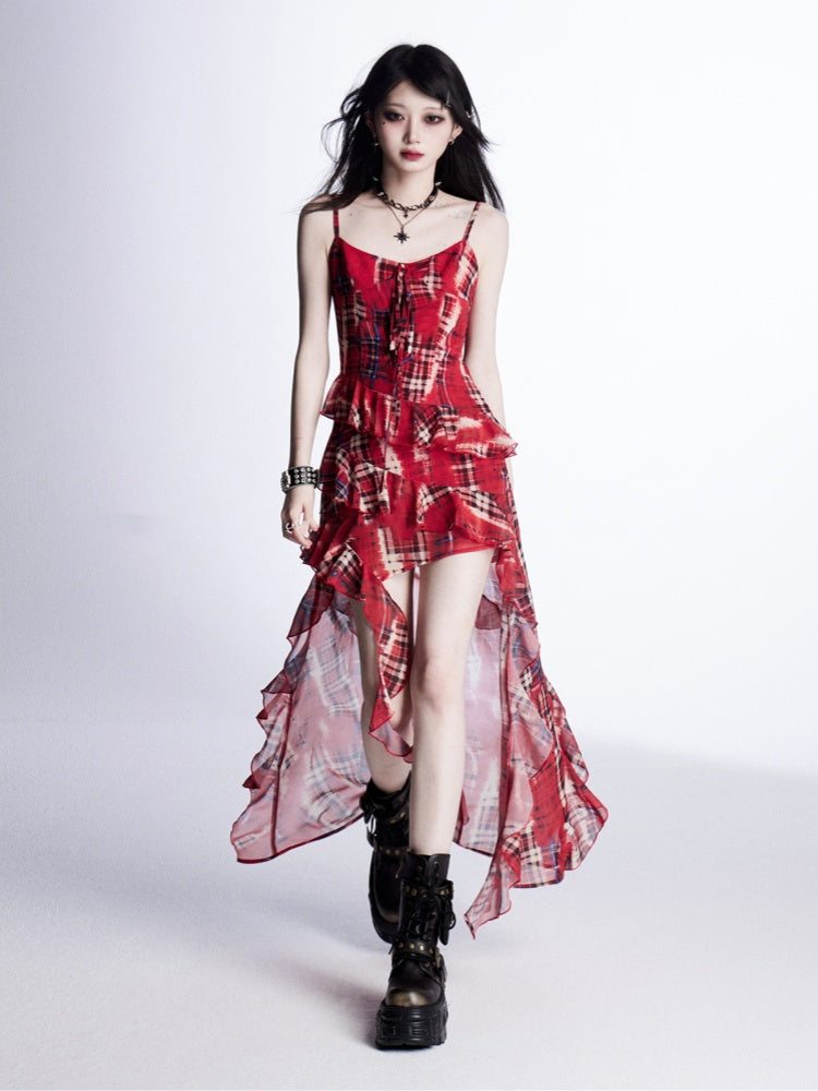High-low Cami Dress Red Plaid Cascading Ruffle Trim Holiday Skirt