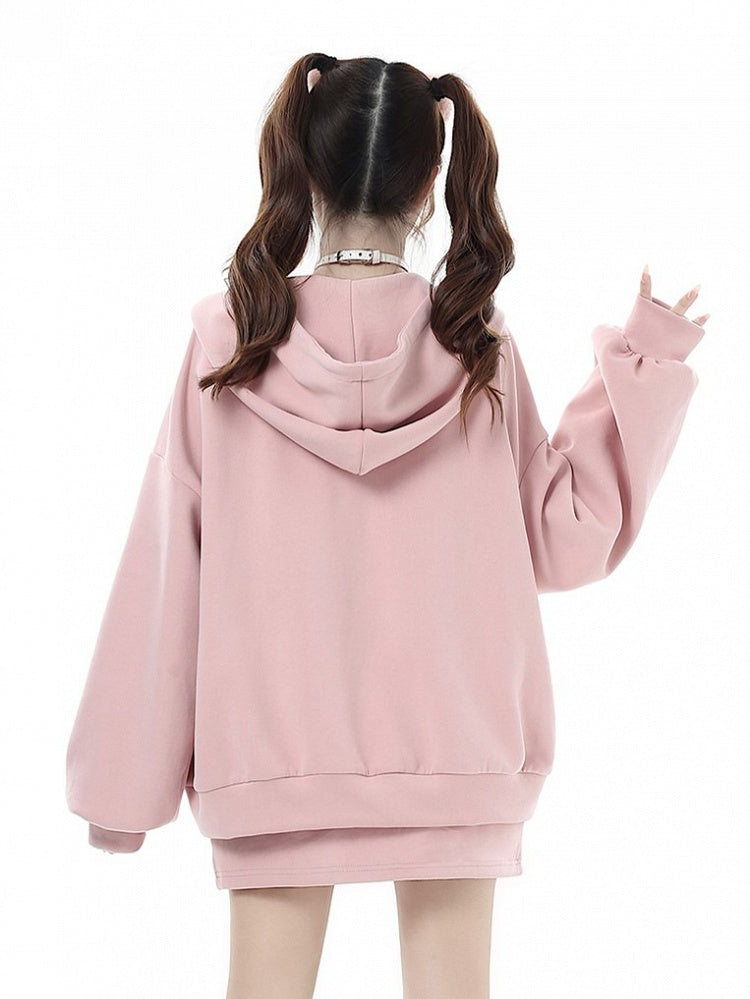 Charm Fleece-lined Pink Star Jacket Chest Embroidered with Design Hooded Drawstrings