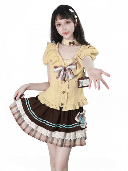 Tiered Skirt with Lace Trim and Plaid Heart Patch in Brown and Blue - PINK SAVIOR