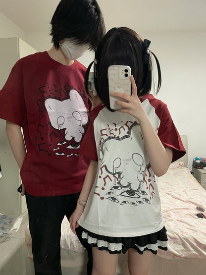 Cotton White Cat Print T-shirt Crying Colorblock Red Design Crewneck with