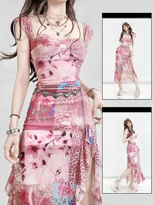 Bittersüßes Kleid mit Blumen- und Leopardenmuster, oberschenkelhoch, rosa Schlitz, glamourös