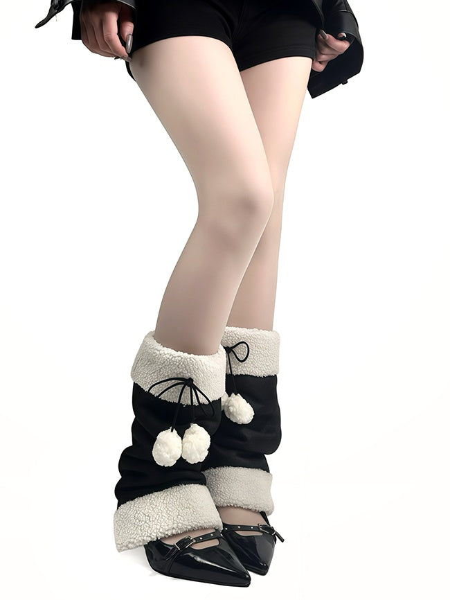 Schwarze Y2K Bowknot Plüsch-Manschetten-Beinwärmer mit Pompons