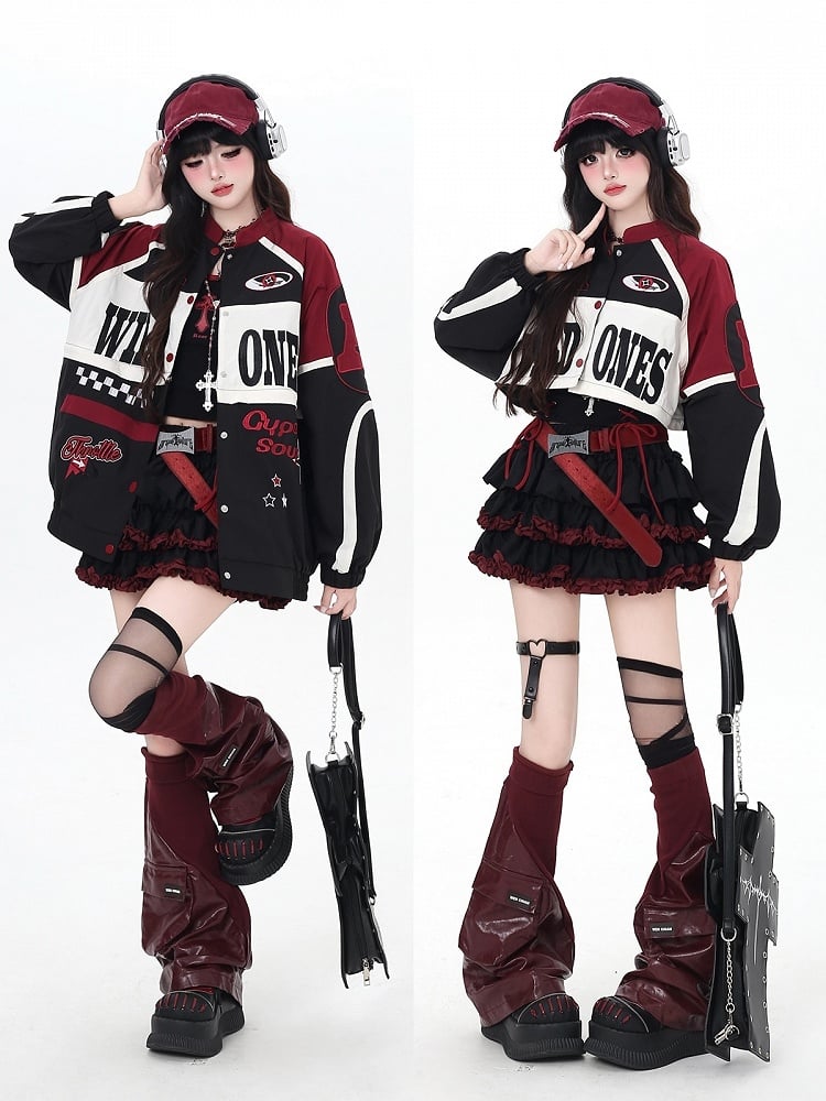 - Jacket Red Adjustment Black Baseball for Bittersweet Detachable Hem Length