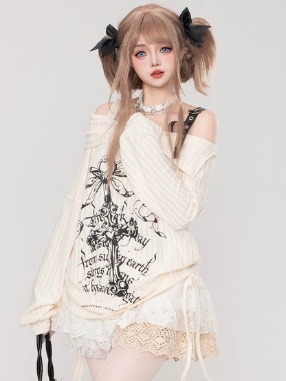 White/Beige/Black Cross Off-Shoulder Top Drawstrings at Side