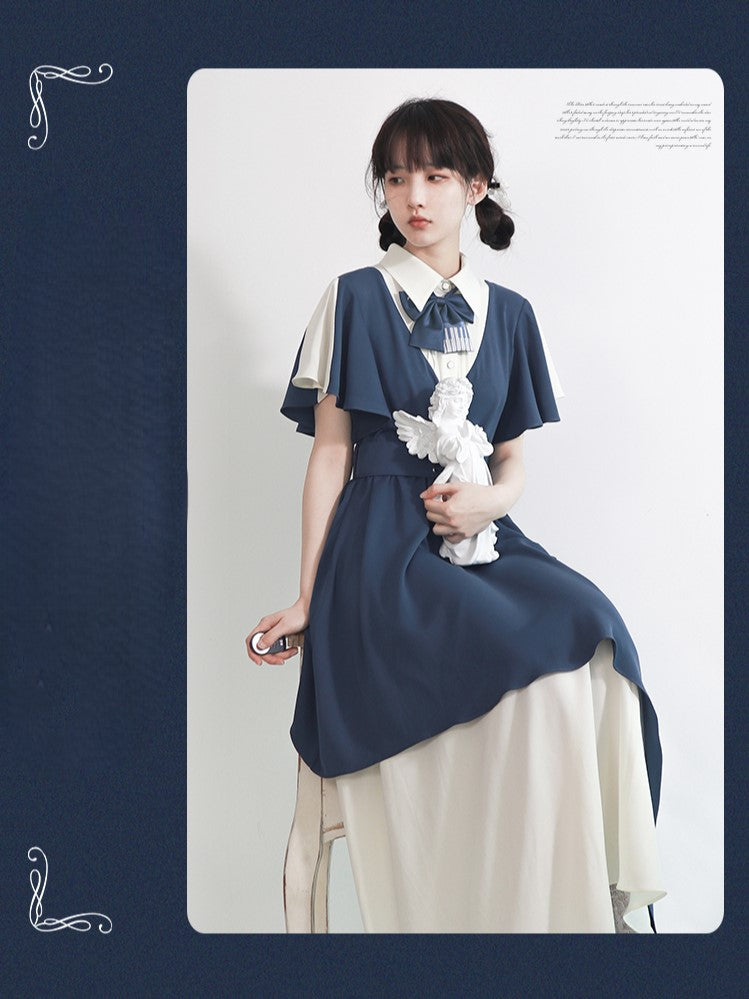 Colorblock White Preppy Dress Bow Tie with Blue Key Waist Piano High