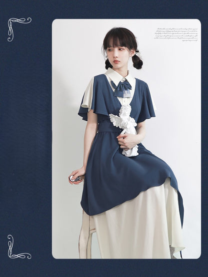 Colorblock White Preppy Dress Bow Tie with Blue Key Waist Piano High