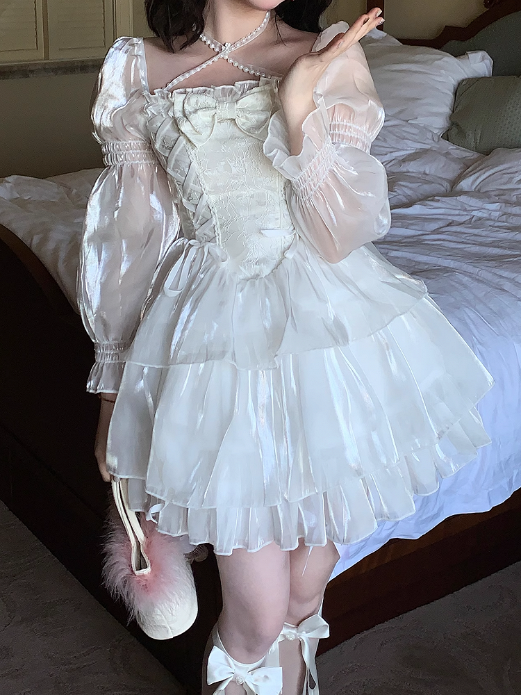 Neck with Lace-Up Tiered Dress White Basque Waist Square in