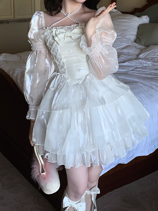 Neck with Lace-Up Tiered Dress White Basque Waist Square in