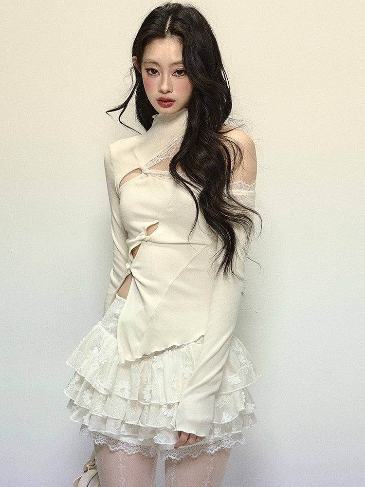 アプリコットカットアウトショルダーモックネックトップス（アシンメトリーヘム）