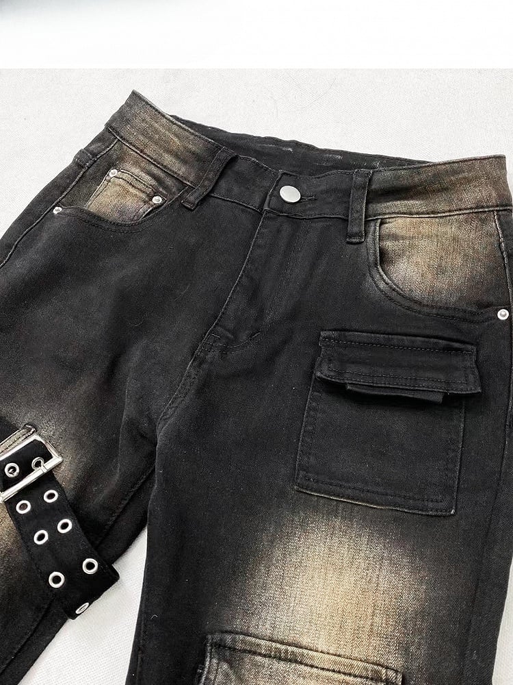 ダメージ加工のフレアブラックジーンズデザインシルエットビタースウィート