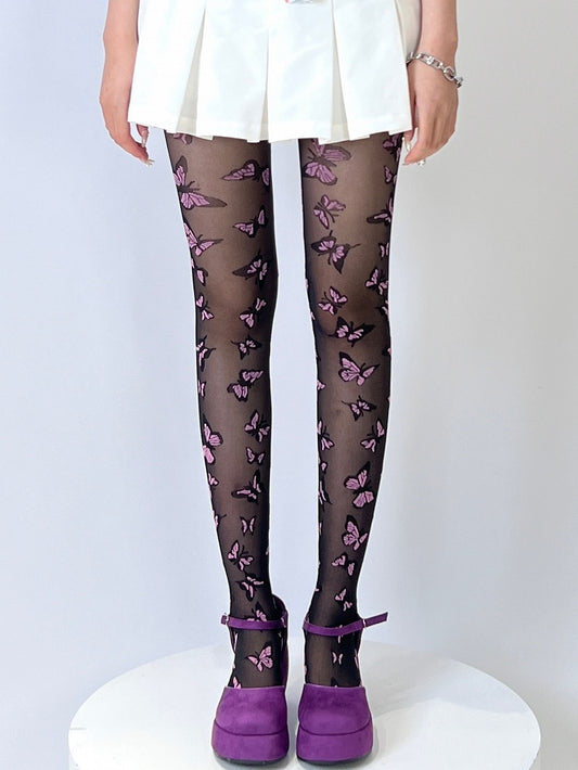 Y2K Butterfly Embroidered Tights Black