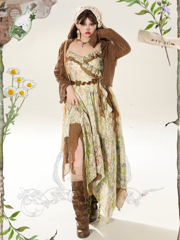 Plus Size Grünes Blumenkleid mit Spaghettiträgern