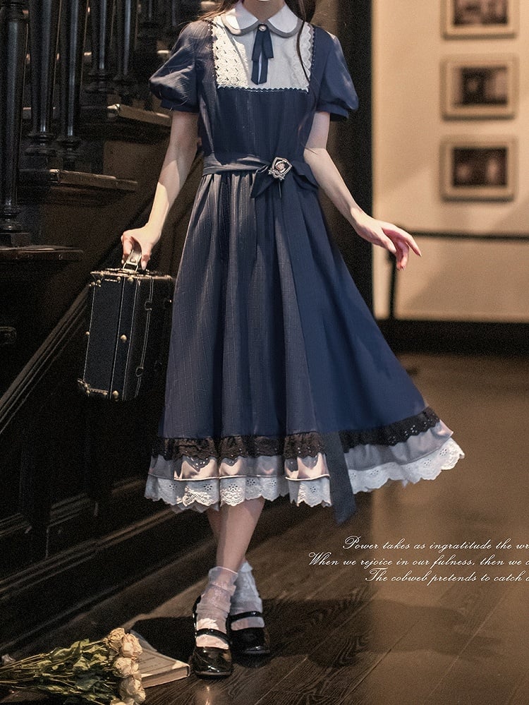 Blue Navy Piece Peter Pan Collar and Puff Sleeves Pattern Classic Plaid Lolita One with Elegant in