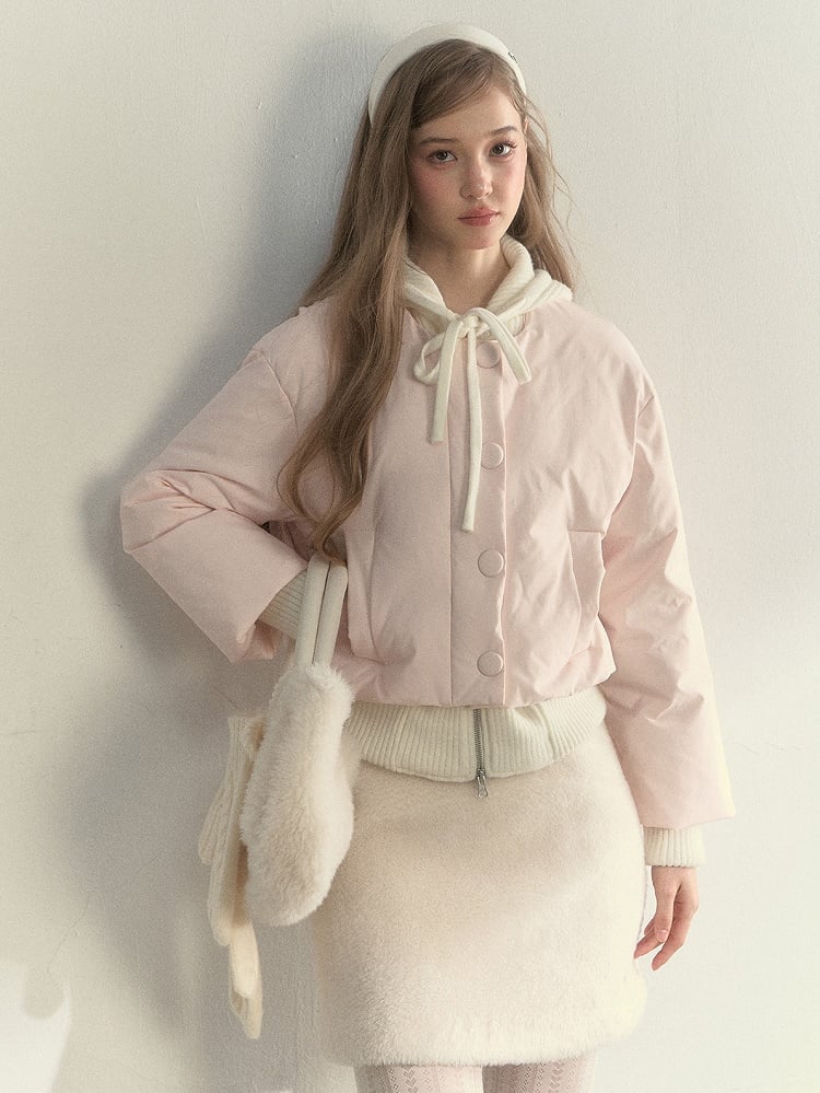 Jacket with Pink Hooded Down Bow Fake Two-Piece Details