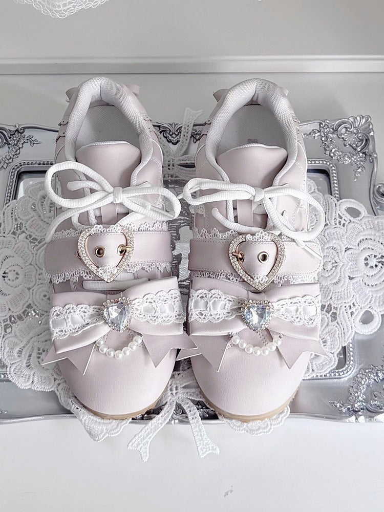 Pink Jirai Kei Style Shoes with Heart Buckle, Bowknot & Crystal Embellishments - Transfer Student