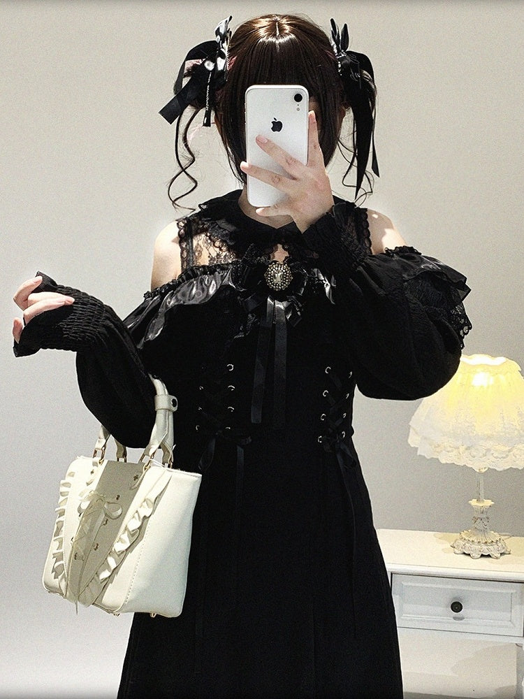 Black Version Jirai Lace Kei Dress Bow Long-Sleeve Long Rhinestone Shoulder Decor Cutout