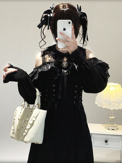 Black Version Jirai Lace Kei Dress Bow Long-Sleeve Long Rhinestone Shoulder Decor Cutout
