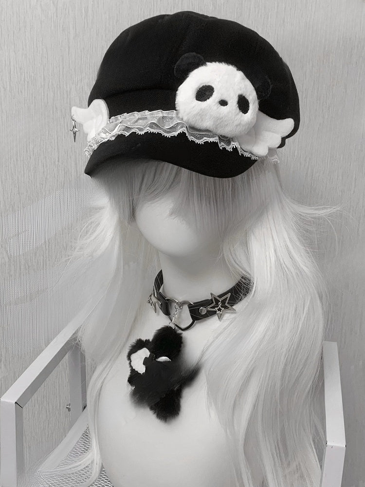 Black Trim Panda Decorated Lace Beret Plush Wing Hat With
